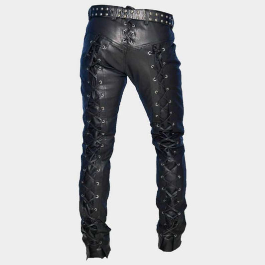 Handmade gothic leather trousers featuring adjustable lace up design on both legs by Jackets Kingdom