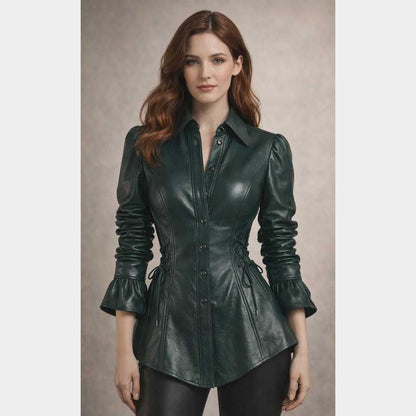 Handmade green leather shirt for women with fitted waist and button down closure by Jackets Kingdom