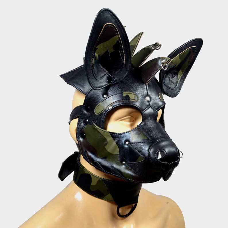 Handmade leather pup hood with red mohawk spikes in camo and black colors by Jackets Kingdom