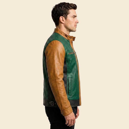 Mens Green and Brown Biker Leather Jacket