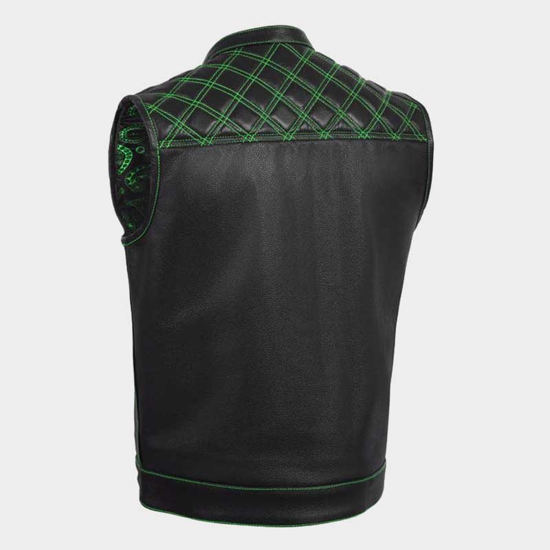 Handmade motorcycle vest featuring bold green cross stitching and mesh lining with patch panels
