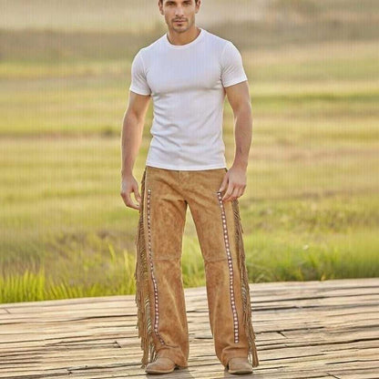 Handmade suede fringe beaded pants with Western Native regalia design and artisan detailing
