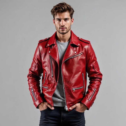 Handmade vibrant red motorcycle jacket featuring genuine lambskin and lapel collar design