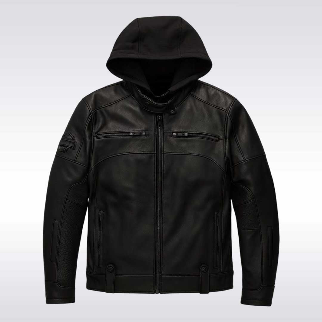 Harley Davidson Black Leather Motorcycle Jacket with Removable Hood