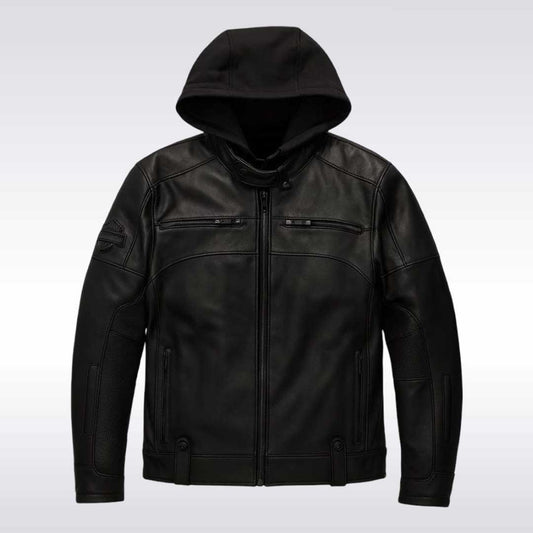 Harley Davidson Black Leather Motorcycle Jacket with Removable Hood