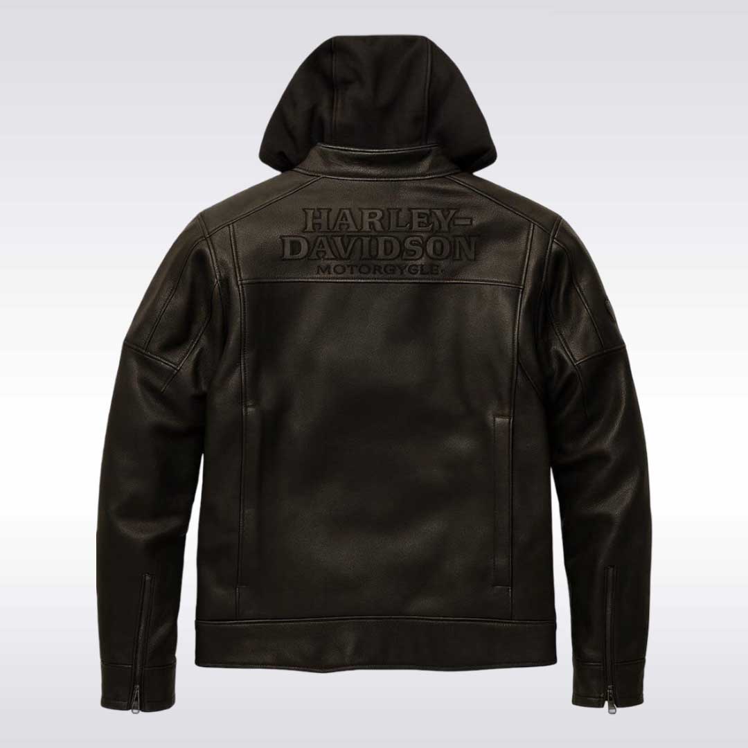 Harley Davidson Black Leather Motorcycle Jacket with Removable Hood