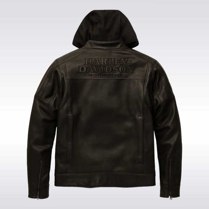 Harley Davidson Black Leather Motorcycle Jacket with Removable Hood