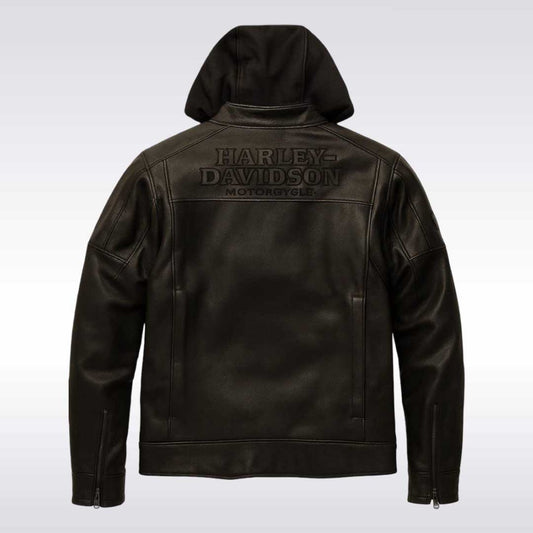 Harley Davidson Black Leather Motorcycle Jacket with Removable Hood
