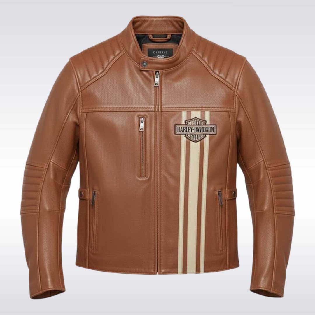 Harley Davidson Style Brown Leather Motorcycle Jacket with Racing Stripes
