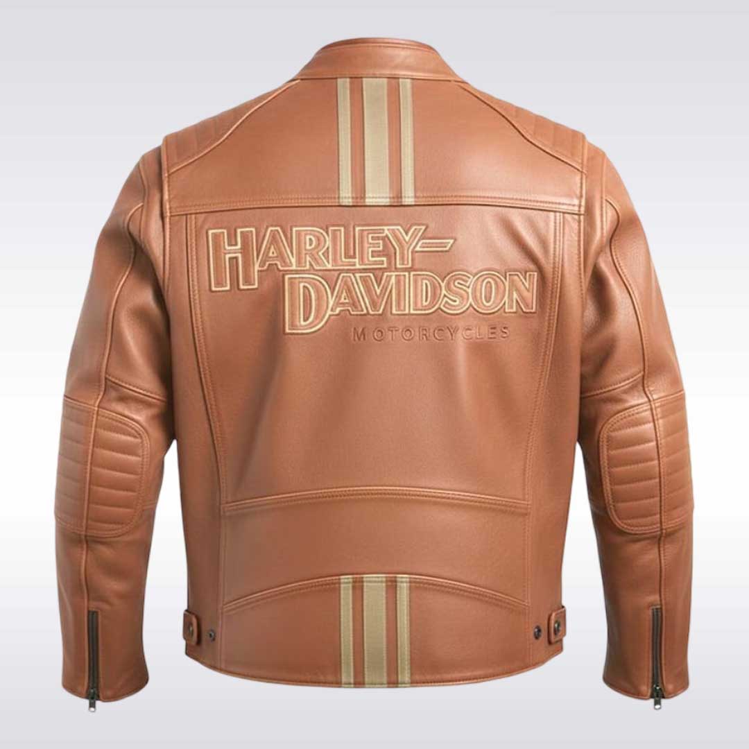 Harley Davidson Style Brown Leather Motorcycle Jacket with Racing Stripes