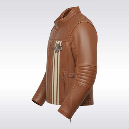 Harley Davidson Style Brown Leather Motorcycle Jacket with Racing Stripes