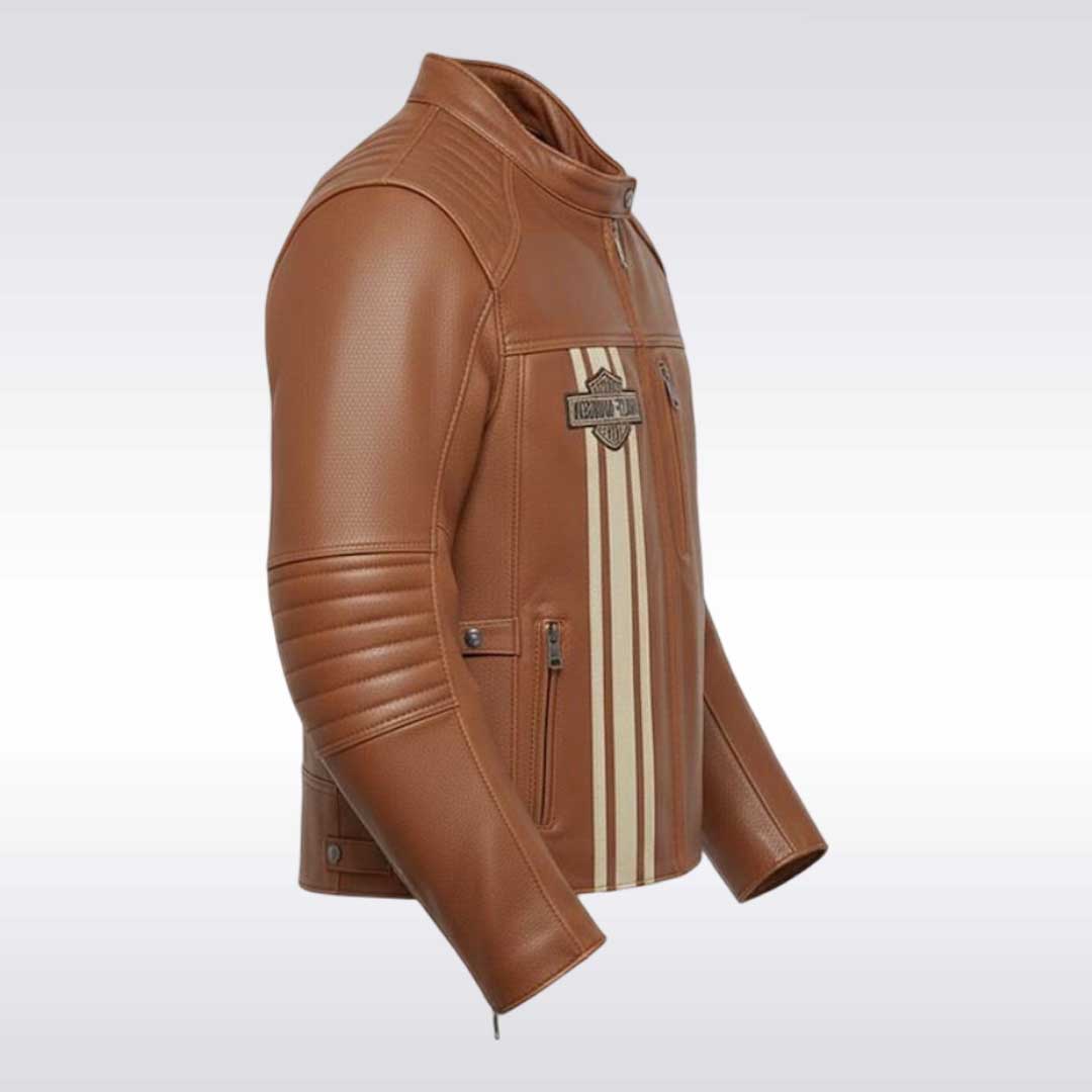 Harley Davidson Style Brown Leather Motorcycle Jacket with Racing Stripes