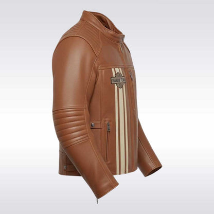 Harley Davidson Style Brown Leather Motorcycle Jacket with Racing Stripes