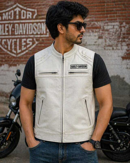 Harley Davidson White Leather Biker Vest with Bar and Shield Back Patch