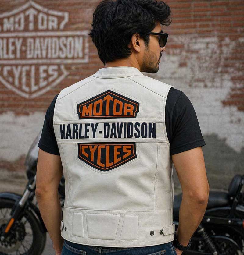 Harley Davidson White Leather Biker Vest with Bar and Shield Back Patch