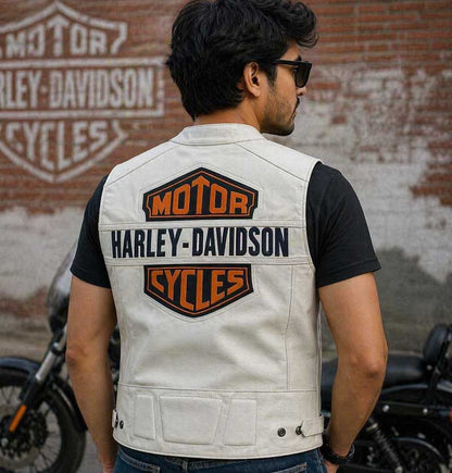 Harley Davidson White Leather Biker Vest with Bar and Shield Back Patch