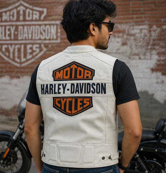 Harley Davidson White Leather Biker Vest with Bar and Shield Back Patch