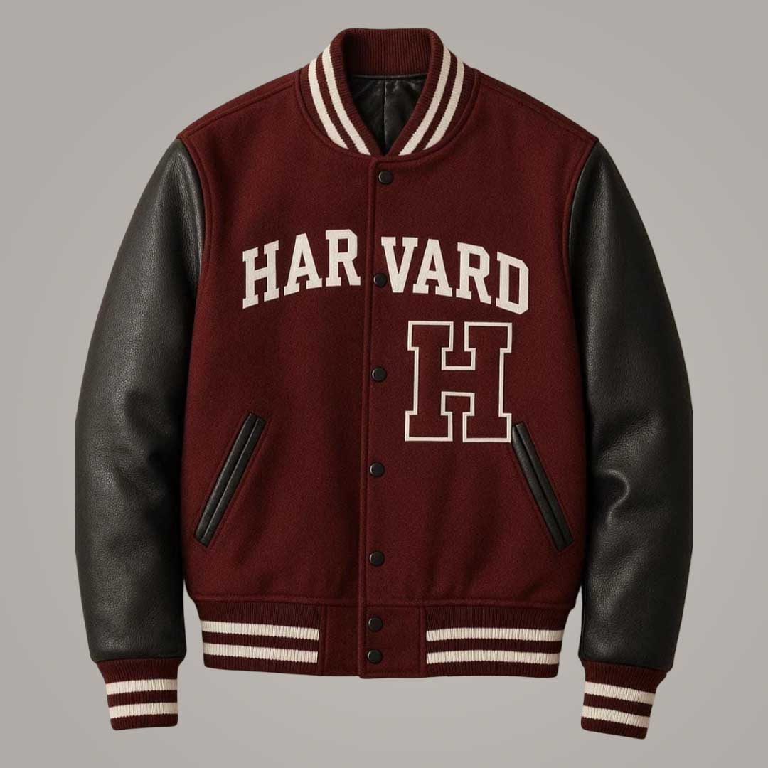 Harvard Maroon Varsity Jacket with Black Leather Sleeves