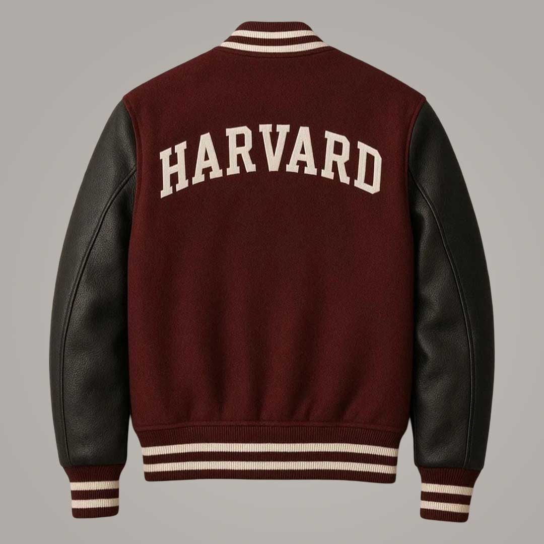 Harvard Maroon Varsity Jacket with Black Leather Sleeves