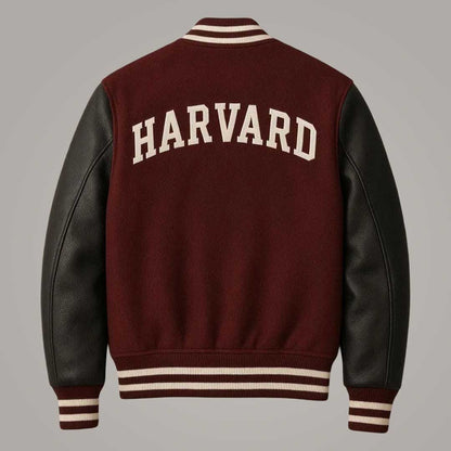 Harvard Maroon Varsity Jacket with Black Leather Sleeves