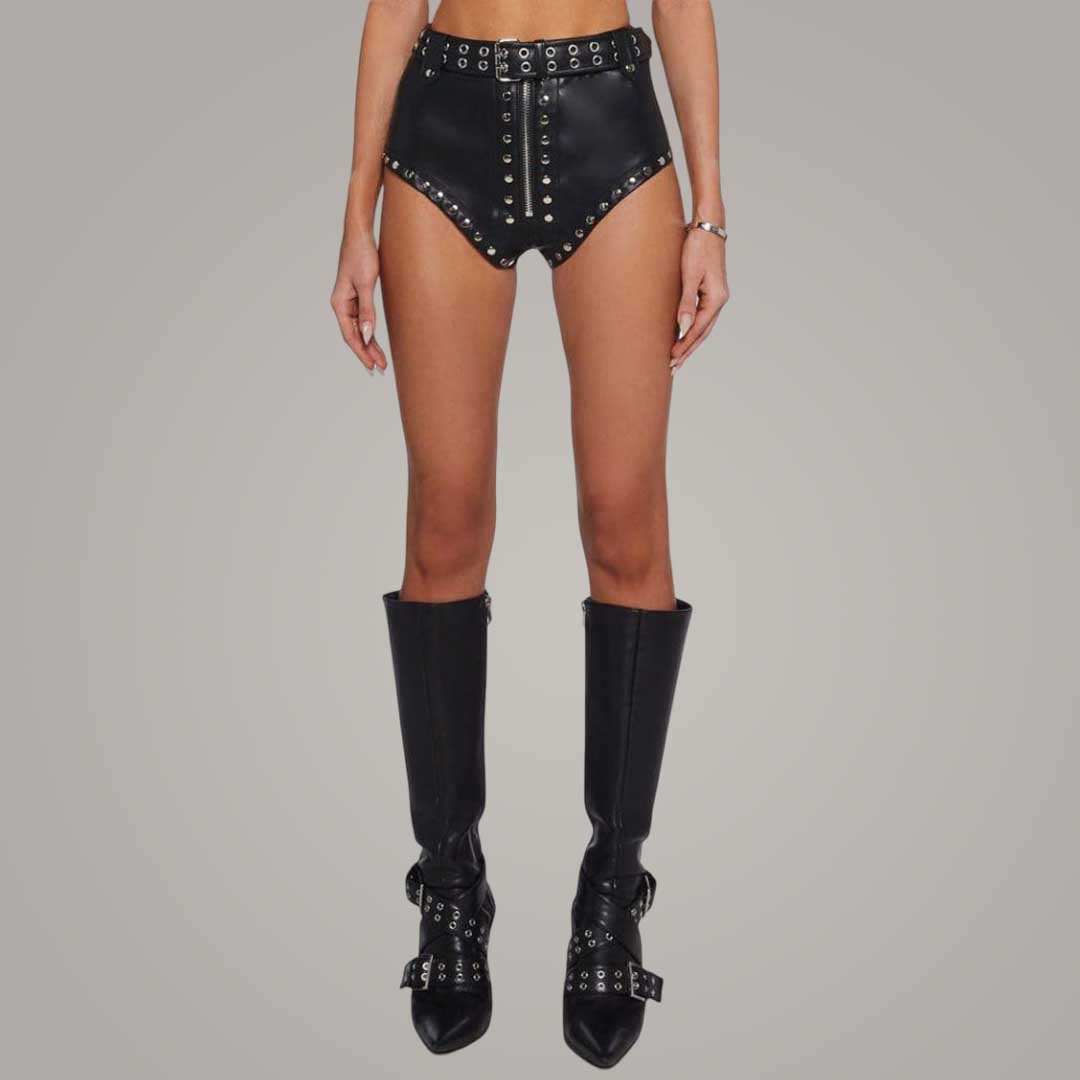 High Waisted Black Leather Shorts with Studs