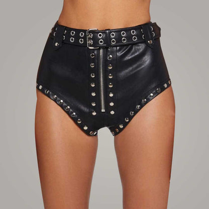 High Waisted Black Leather Shorts with Studs