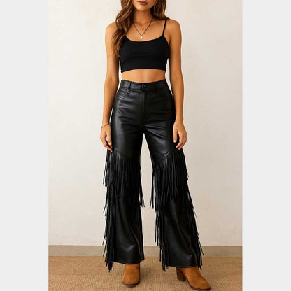 High waisted faux leather fringe pants for women with western cowgirl style by Jackets Kingdom
