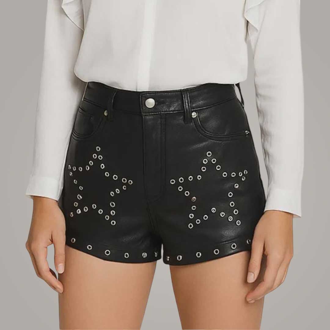 High waist studded leather shorts for women by Jackets Kingdom