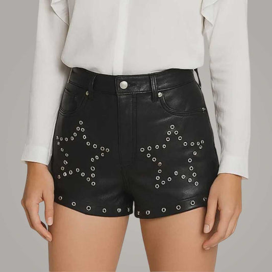 High waist studded leather shorts for women by Jackets Kingdom