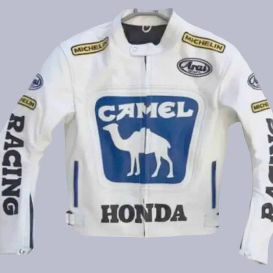 Men's Honda Camel white cowhide leather racing jacket front view with CE armor