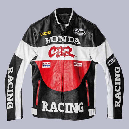 Men's Honda CBR black white red cowhide leather racing jacket front view with CE armor