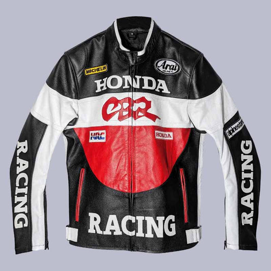 Men's Honda CBR black white red cowhide leather racing jacket front view with CE armor