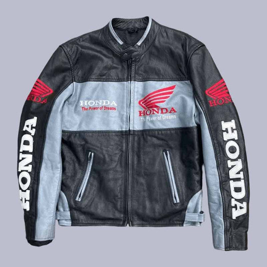 Men's Honda red cowhide leather racing jacket front view with CE armor