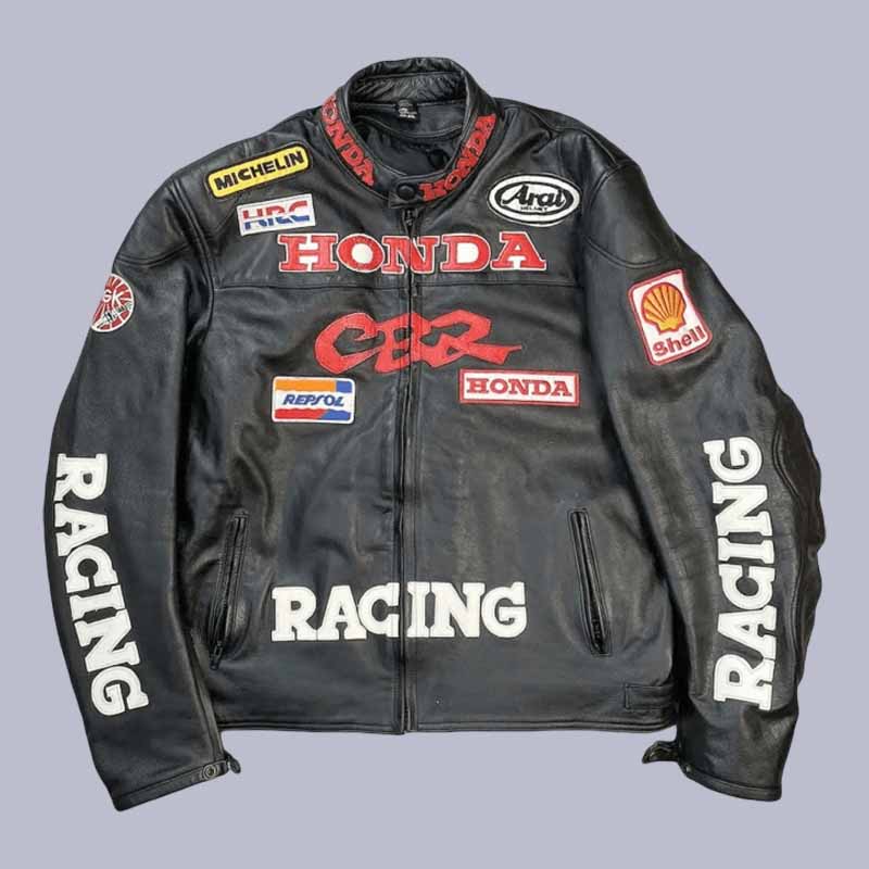 Men's Honda CBR black cowhide leather racing jacket front view with CE armor