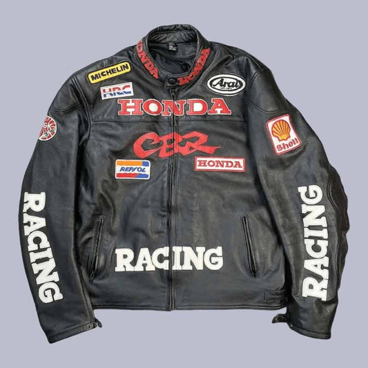 Men's Honda CBR black cowhide leather racing jacket front view with CE armor
