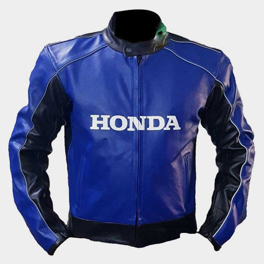 Honda Blue Racing Motorbike Cowhide Leather Jacket with CE protection front view by Jackets Kingdom