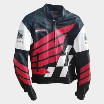 Honda CBR motorcycle racing leather jacket for men with CE armor front view by Jackets Kingdom
