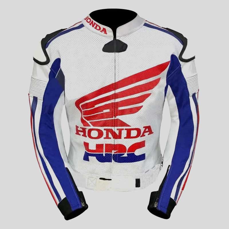 Honda HRC CE Armored Genuine Leather Motorcycle Jacket front view in black by Jackets Kingdom