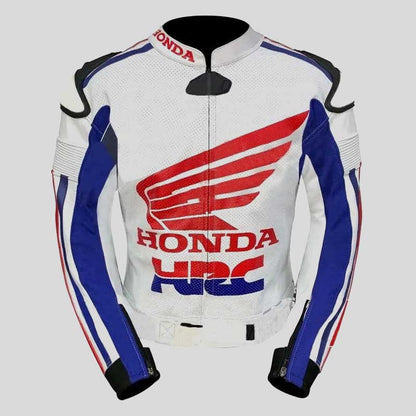 Honda HRC CE Armored Genuine Leather Motorcycle Jacket front view in black by Jackets Kingdom