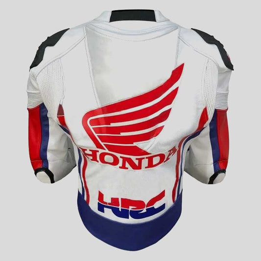 Back view of Honda HRC CE armored genuine cowhide leather jacket for men by Jackets Kingdom