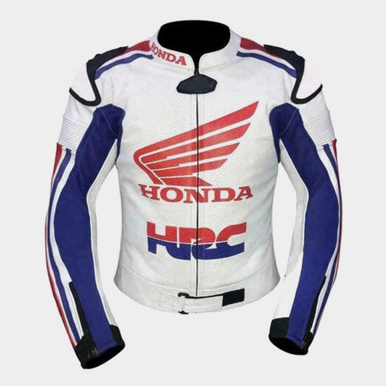 Honda HRC motorcycle racing leather jacket for men with CE armor front view by Jackets Kingdom