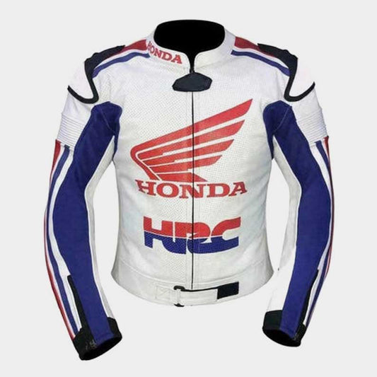 Honda HRC motorcycle racing leather jacket for men with CE armor front view by Jackets Kingdom