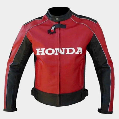Honda Red Unique Wing Motorcycle Racing Cowhide Leather Jacket front view by Jackets Kingdom