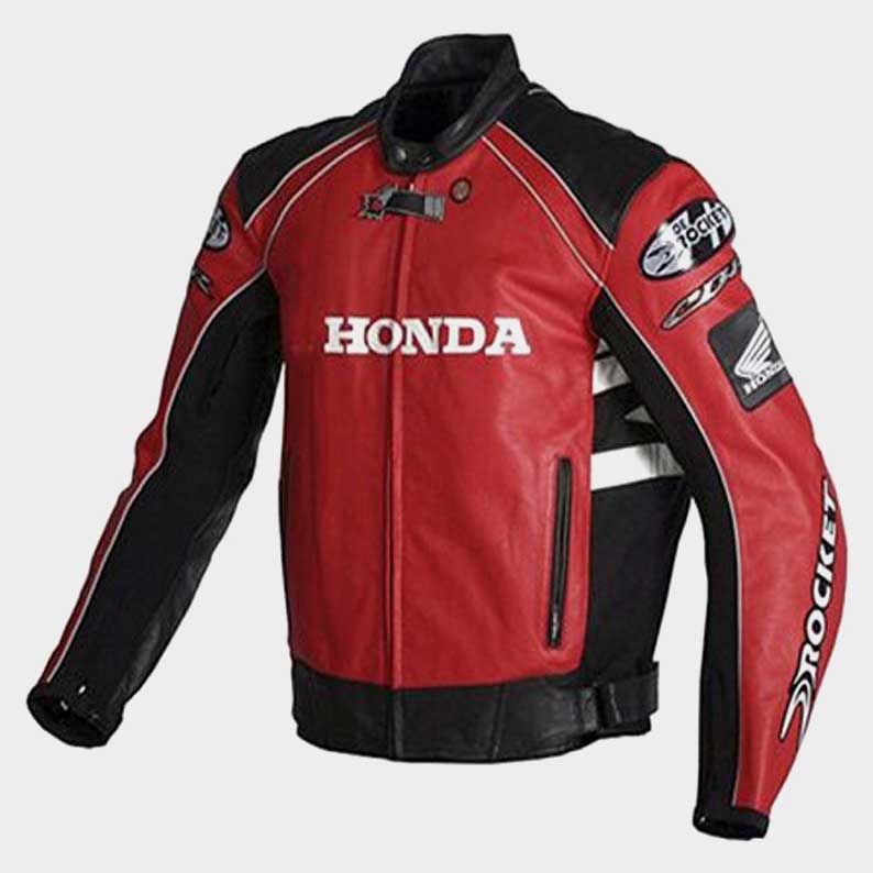 Honda Red and Black Racing Leather Jacket with CE armor front view by Jackets Kingdom