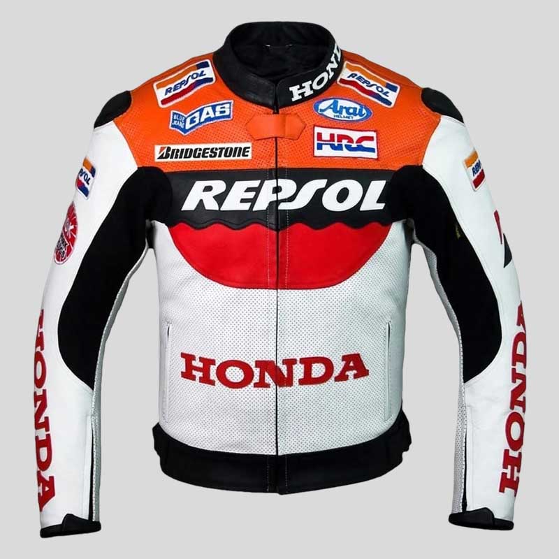 Honda Repsol CE Armored Genuine Leather MotoGP Jacket front view showing bold racing colorway by Jackets Kingdom