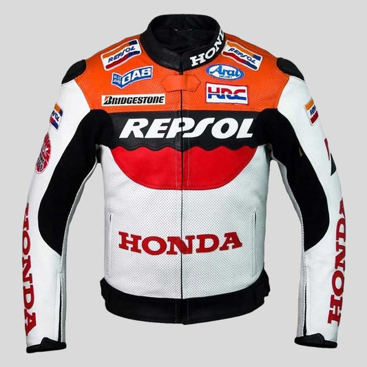 Honda Repsol CE Armored Genuine Leather MotoGP Jacket front view showing bold racing colorway by Jackets Kingdom