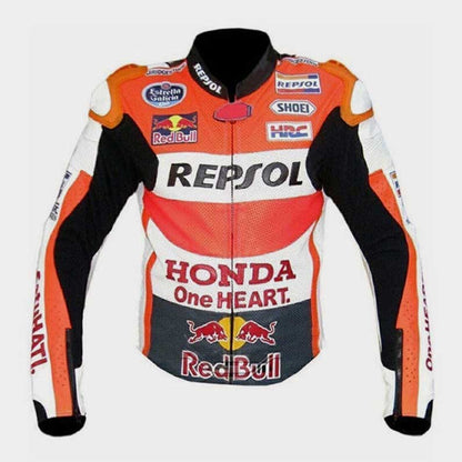 Honda Repsol Multicolor Racing Motorcycle Cowhide Leather Jacket front view by Jackets Kingdom