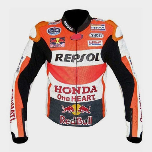 Honda Repsol Multicolor Racing Motorcycle Cowhide Leather Jacket front view by Jackets Kingdom