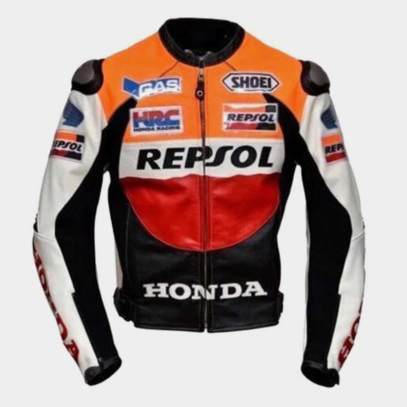 Honda Repsol leather motorcycle racing jacket with CE armor front view by Jackets Kingdom