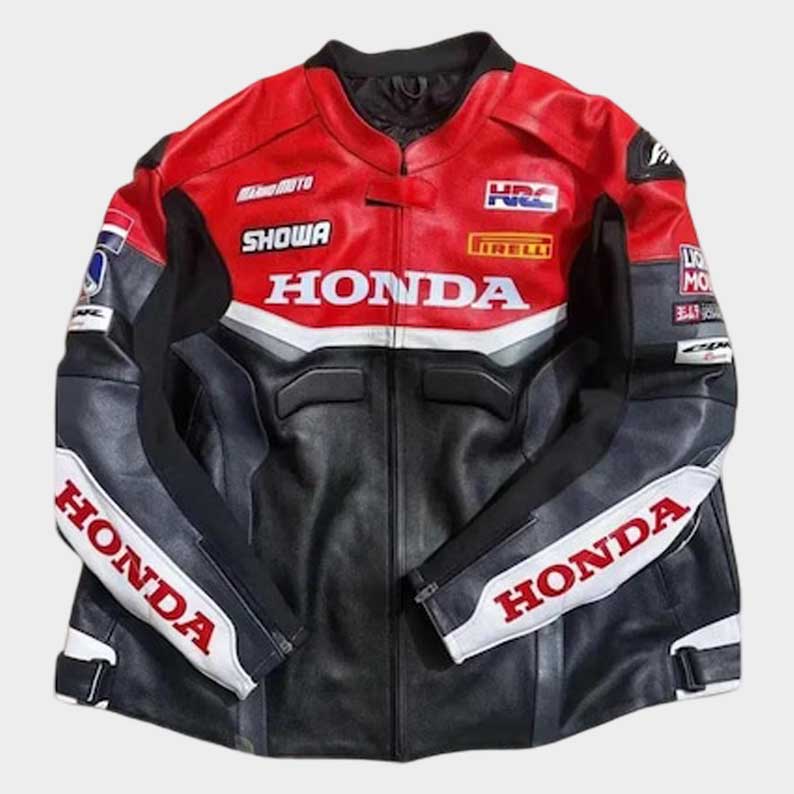 Honda genuine cowhide leather motorcycle jacket for men with CE armor front view by Jackets Kingdom